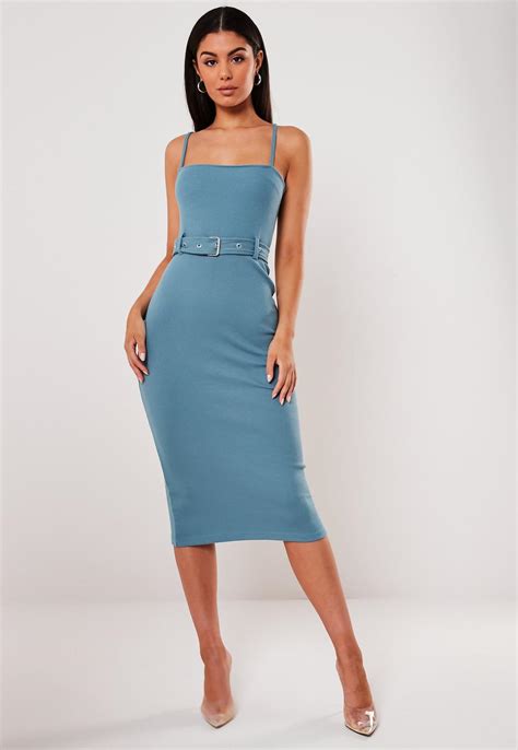 Blue Rib Belted Cami Bodycon Midi Dress Missguided