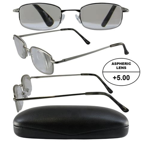 Men S High Powered Reading Glasses Silver Frame And Black Case 5 00 Magnification Aspheric
