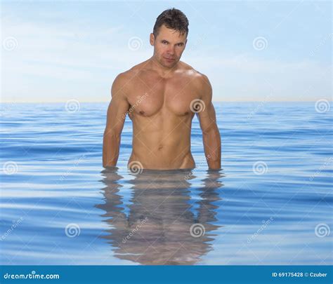 Muscular Man Standing In Ocean Stock Photo Image Of Background Front