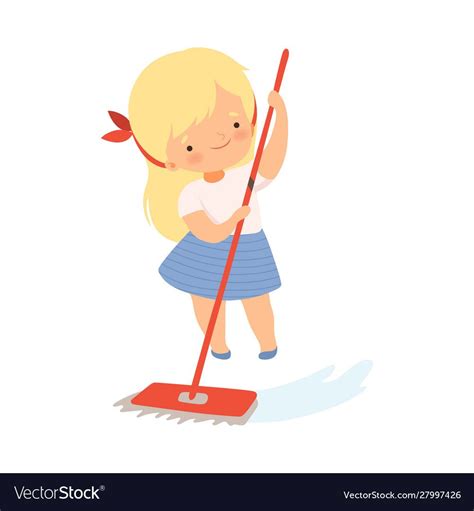 Little Girl Cleaning Floor With Mop On Her Own Vector Illustration