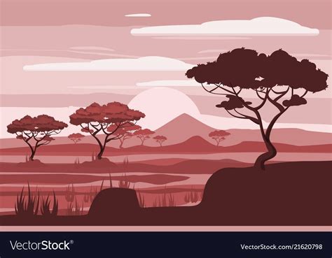 African Landscape Savannah Sunset Vector Illustration Cartoon Style