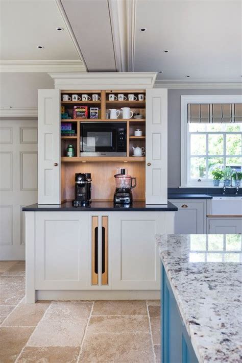 Brick backsplashes, full height cabinets, and cabinet molding. Built-in Kitchen Coffee Bar Ideas | Coffee bar home ...