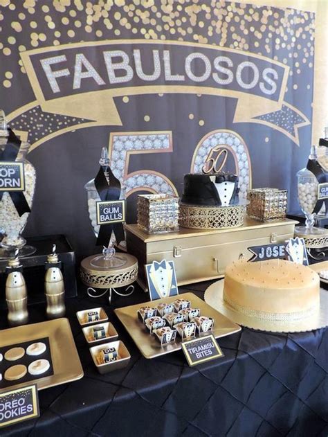 Dessert Table From A Fabulous 50 Black And Gold Birthday Party Via Karas
