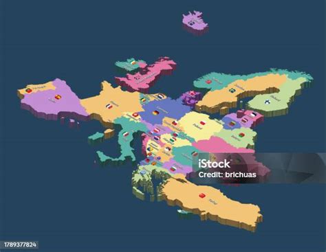 Mappa Isometrica Politica Delleuropa Con I Nomi Dei Paesi E Le Icone Delle Bandiere