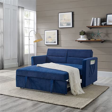 Erye Blue 3 In 1 Tufted Futon Loveseat Convertible Sleeper