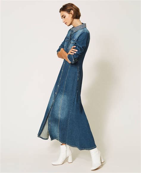 Long Denim Dress With Studs Woman Blue Twinset Milano