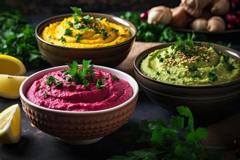 Premium Ai Image Vibrant Hummus Bowls With Middle Eastern Vegan Dips Including Traditional