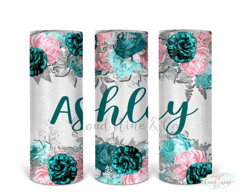 Pink Teal Floral Skinny Tumbler 20oz Personalized Floral Tumbler 20 Ounce 20oz Stainless