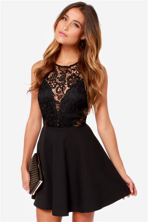Pretty Black Dress Lace Dress Skater Dress 4400 Lulus
