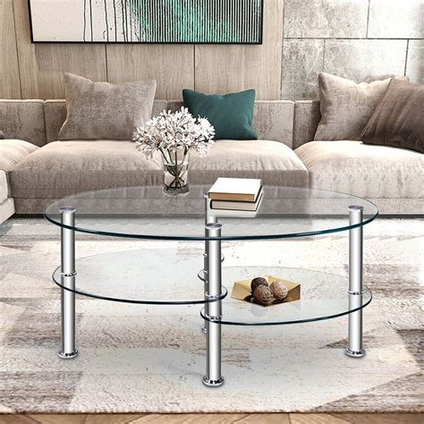 Costway Tempered Glass Oval Side Coffee Table Shelf Chrome Base Living