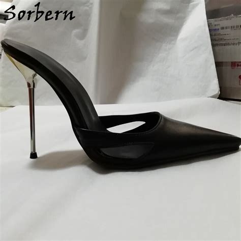 sorbern mature slip on pump high heel mules pointed toe gold metal heeled ol shoe hollow out