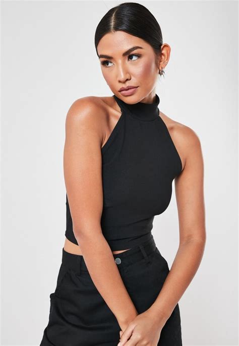 Black Rib Halterneck Crop Top Missguided Womens Tops Black Crop