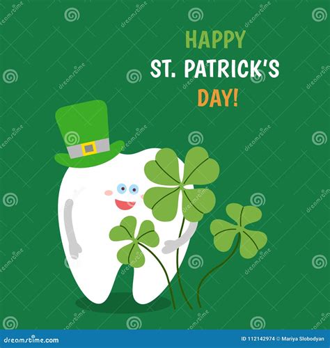 Cartoon Tooth Wearing A Hat Holds A Four Leaved Shamrock On Green