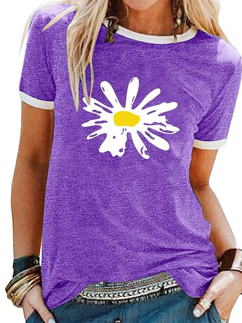 Womens Floral Theme Daisy T Shirt Floral Flower Daisy Print Round Neck