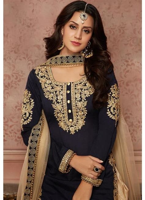 Navy Blue And Gold Embroidered Punjabi Suit Shrug For Dresses
