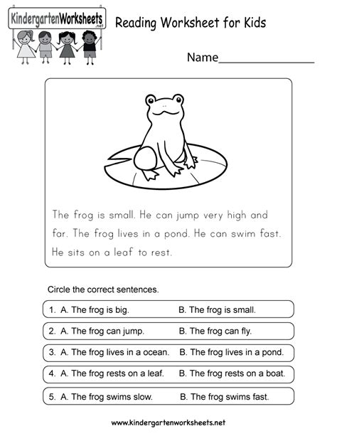 Reading Worksheet For Kids Free Kindergarten English