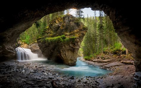 Download 2880x1800 Cave Waterfall Stream Forest Trees