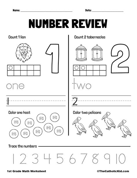 Counting Review Numbers 1 And 2 1st Grade Math Worksheet Catholic