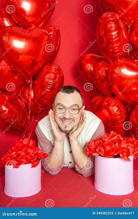 Funny Happy Bearded Retro Style Man T Boxes And Red Heart Shape Balloons For Valentine Day