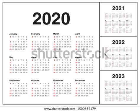 Year 2020 2021 2022 2023 Calendar Vector Design Template Simple And