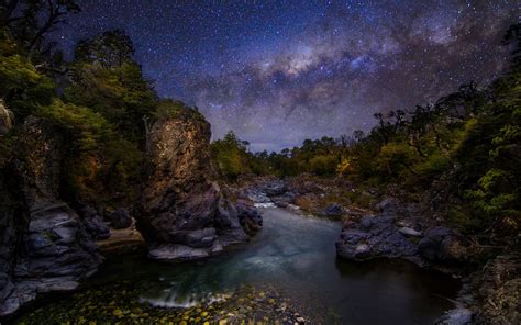 Wallpaper Trees Landscape Forest Waterfall Galaxy Rock Nature