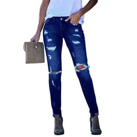 Fashion Lady Skinny Blue Denim Pants Ripped Distressed Womens Jeans