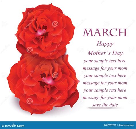 8 March Delicate Red Roses Blossom Card. Beautiful Postcard for