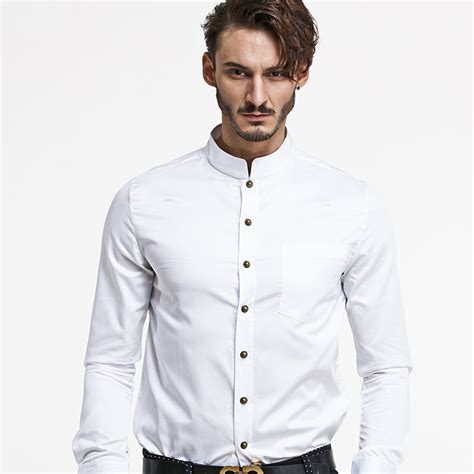 Modern Mandarin Collar Snap Button Shirt White Chinese Shirts