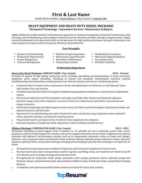 Mechanic Resume Sample Professional Resume Examples Topresume