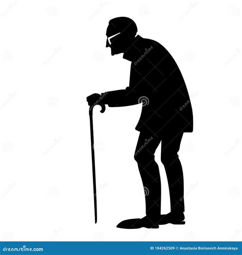 Vector Isolated Black Silhouette Of An Old Man With Cane Stock Vector