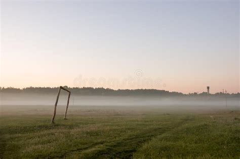 Green Meadow In The Summer Morning With Fog Sunrise Stock Image