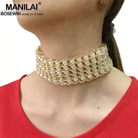 MANILAI Luxury Simulated Pearls Choker Necklace Women Fashion Beaded