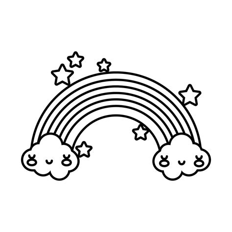 Cute Rainbow With Clouds Kawaii Characters And Stars Line Style Icon