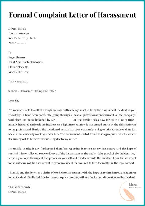 Sample Letter Of Harassment Complaint