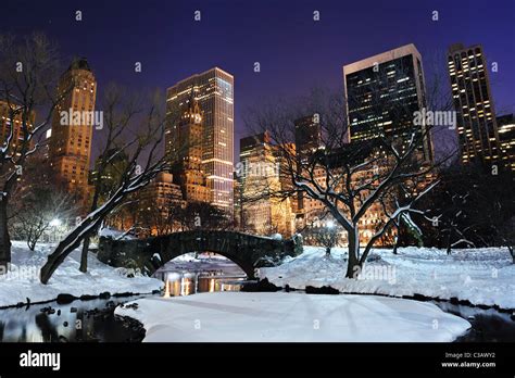 New York City Manhattan Central Park Panorama In Winter With Snow