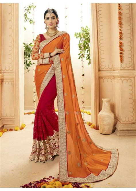 Red Satin Georgette Net Embroidered Indian Wedding Bridal Saree 1111 Saree Designs Party Wear