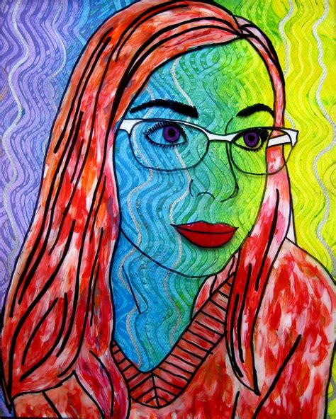 A Painting Of A Woman Wearing Glasses And A Sweater With Wavy Hair In