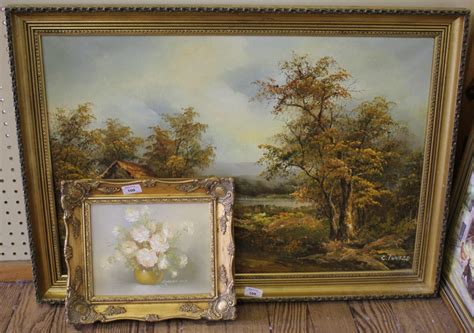C Inness Autumnal View Of Cottage By A Lake Oil On Canvas Signed