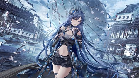 Achtergronden Blauw Haar Animemeisjes Women With Umbrella Buik