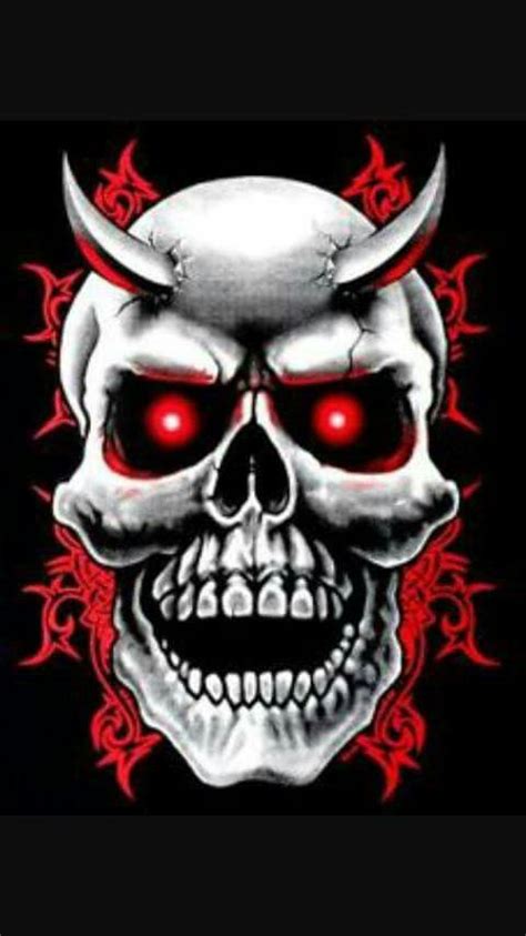 Skull With Horns And Glowing Red Eyes Skull Skull Art Drawing Evil