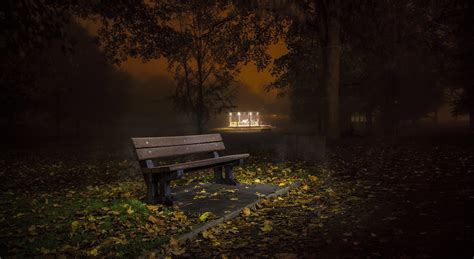 Lonely Bench In The Autumn Park At Night Wallpapers And