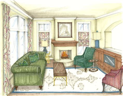 Rendered Perspective Drawing Living Room Forest Scheme Interior