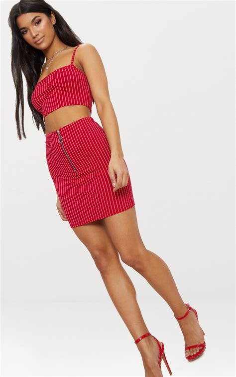 Red Pinstripe Mini Skirt Prettylittlething Usa