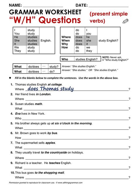 English Grammar 'W/H' Questions (Present Simple) www ...