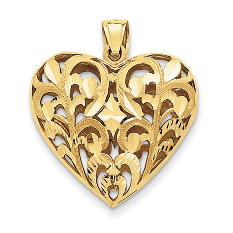 14k Gold Filigree Heart Pendant With Open Design Large 3d Heart