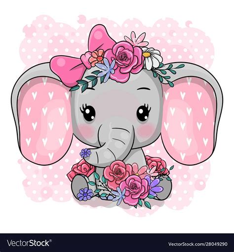 Cute Cartoon Elephant With Flowers On A White Vector Image On Vectorstock In 2020 Cartoon