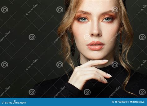 Beautiful Woman Face Close Up Pretty Blonde Female Model On Black
