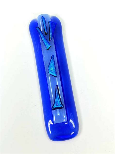 Fused Glass Mezuzah Case Handmade Blue With Blue Dichroic Glass Shin