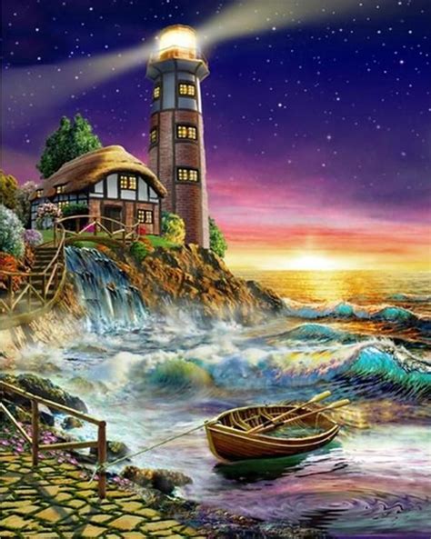 Seaside Lighthouse 5d Diy Paint By Diamond Kit Lighthouse Pictures