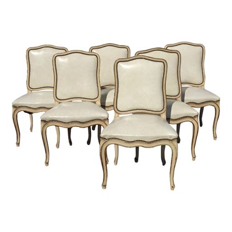 Six Vintage French Provincial Off White Leather Dining Room Chairs By